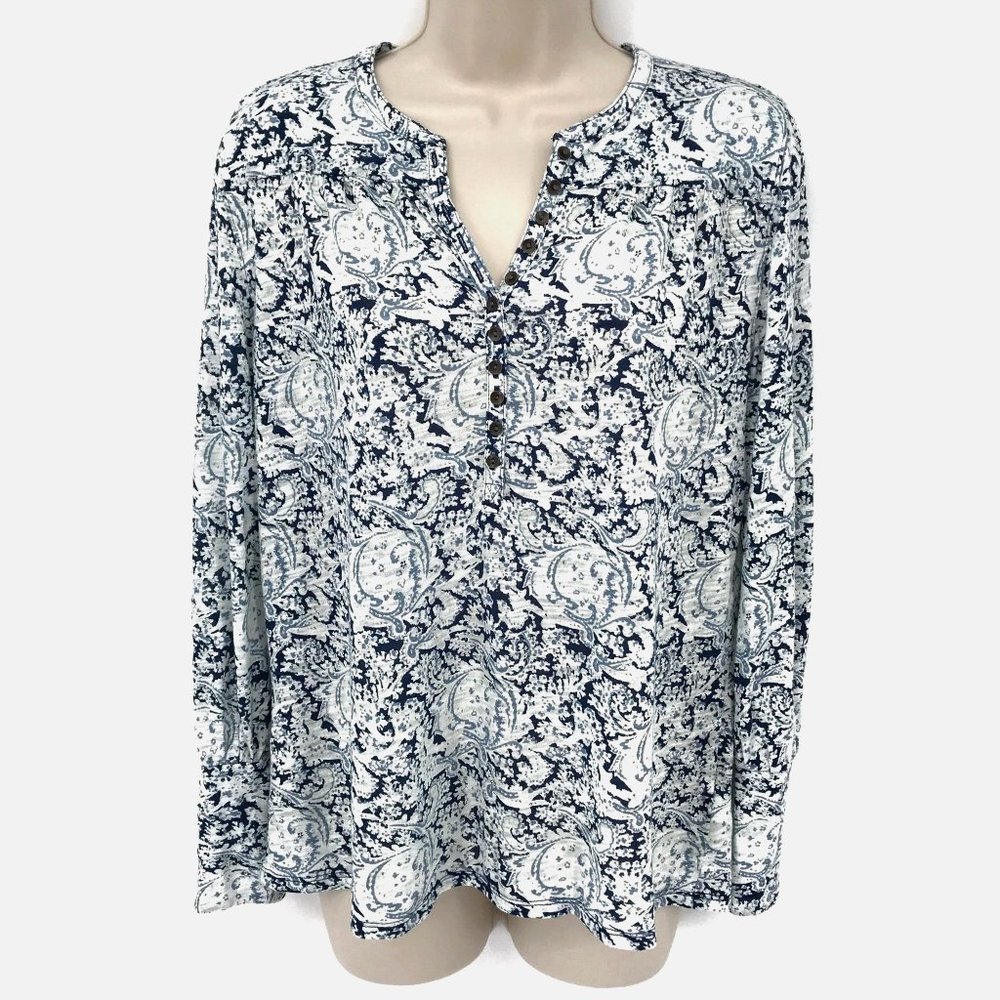 Lucky Brand Womens Navy Paisley Print Oversized Button Henley Knit Top Size XS